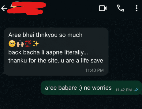 Anonymous WhatsApp message thanking Edu-Hub for exam help
